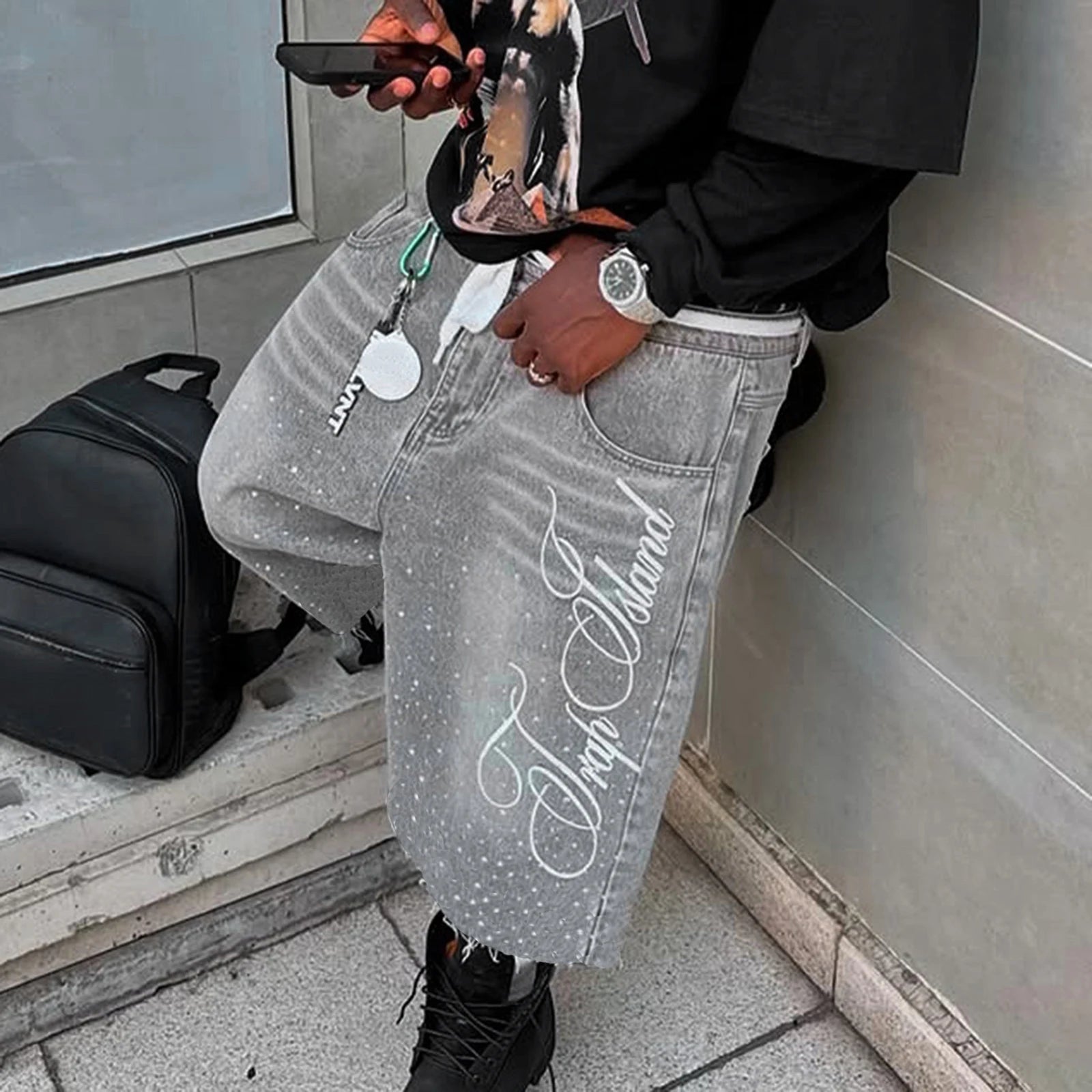 Grey Rhinestone Shorts Jeans