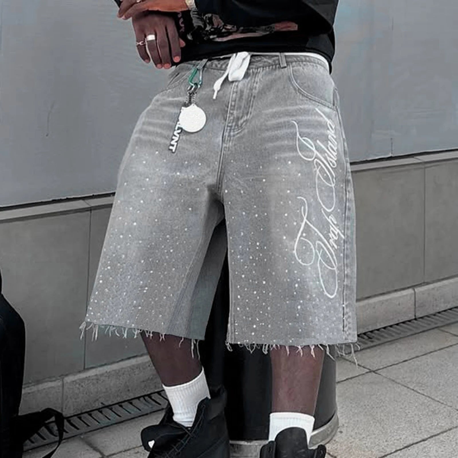 Grey Rhinestone Shorts Jeans